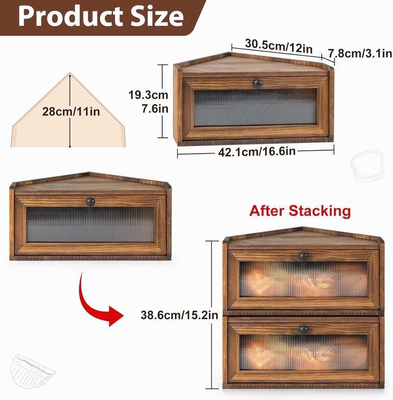 Sunhoo Bread Box for Kitchen Countertop Wooden Corner Breadbox Counter Food Storage Bin Container Farmhouse Rustic Homemade Bread Fresh Keeper Organizer Holder Vintage Stackable with Window (Brown) - Image 4